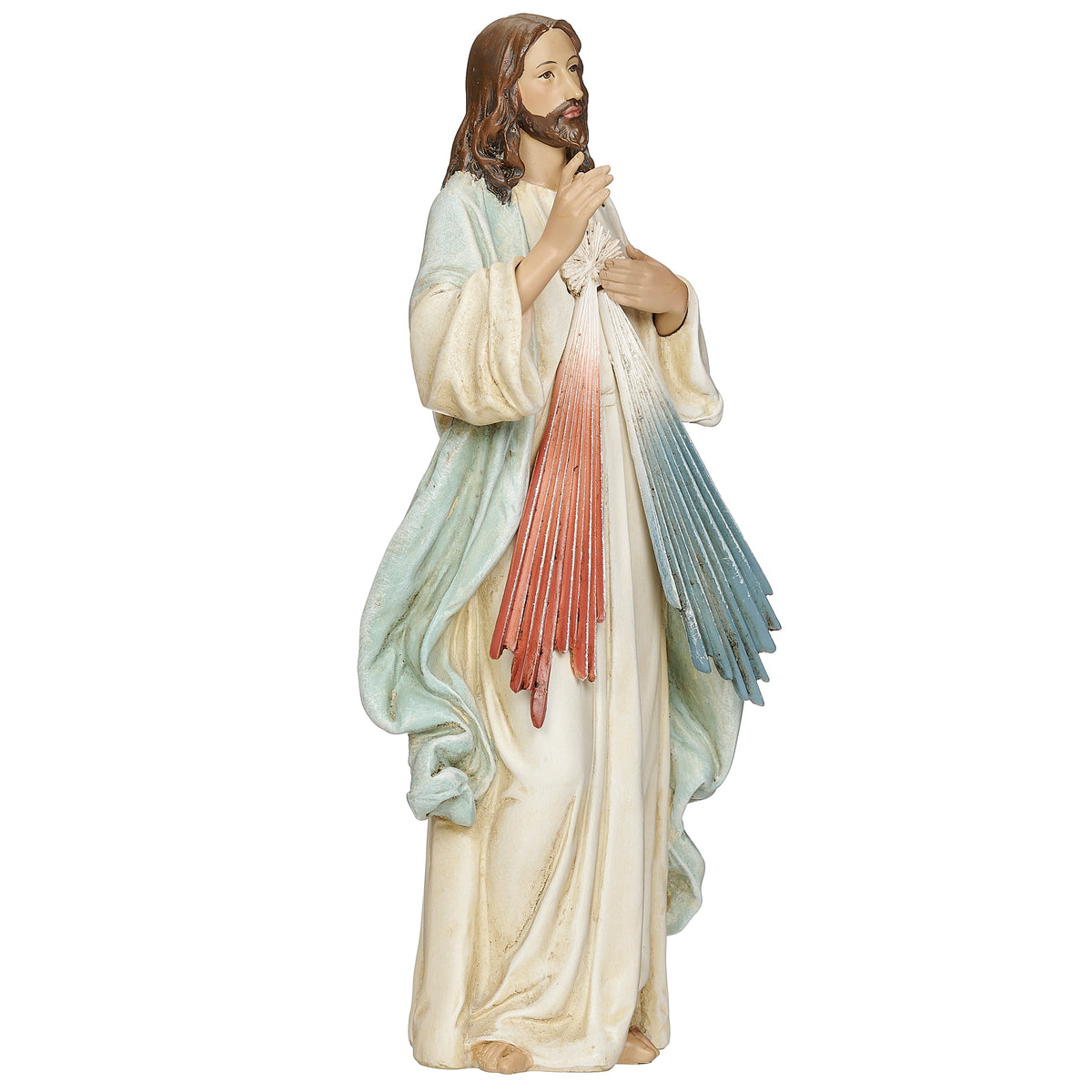 Opposite front angled view of Joseph's Studio Divine Mercy Figure highlighting Jesus, the raised blessing hand, and flowing Divine Mercy rays