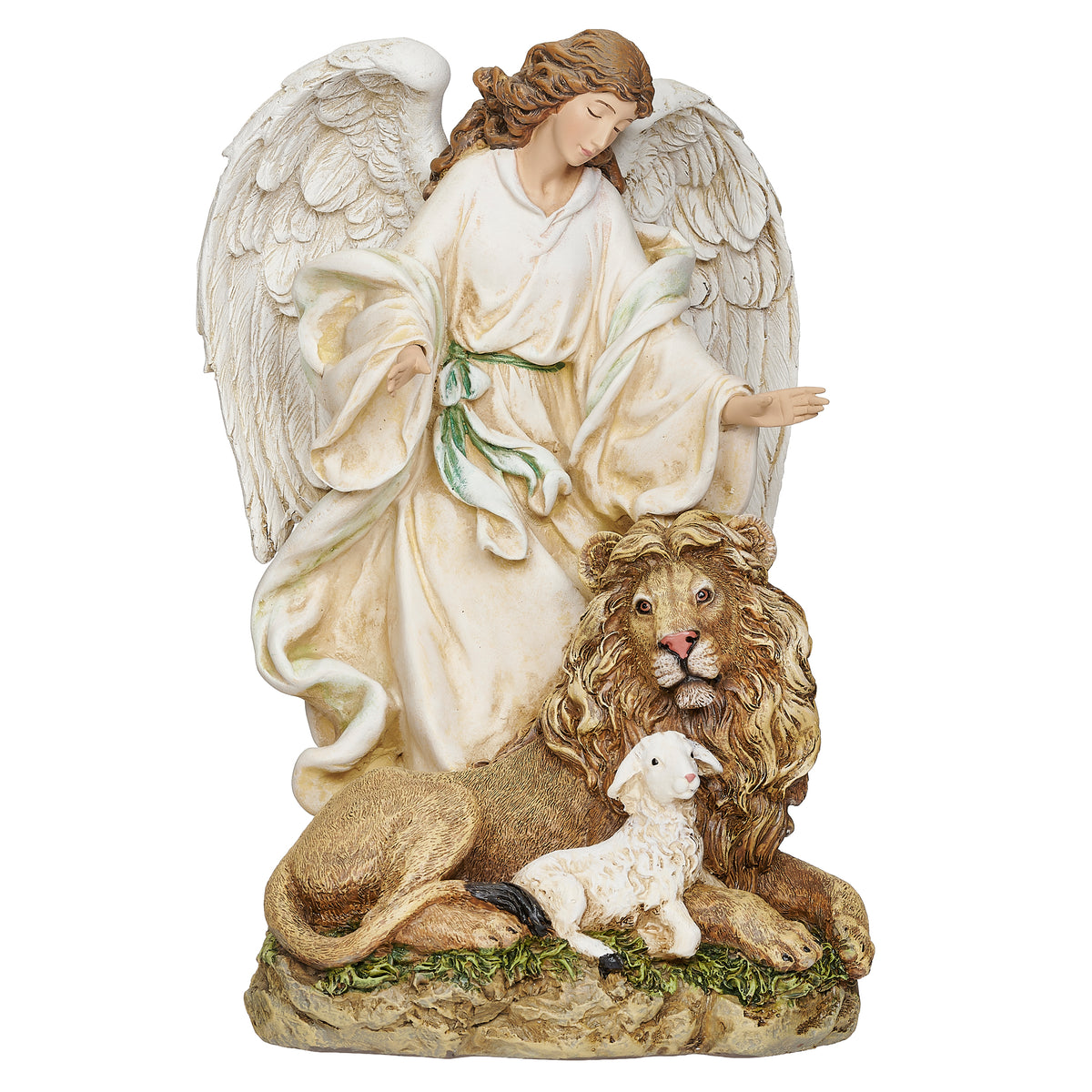 Joseph's Studio Angel with Lion & Lamb Figure featuring a standing angel with large feathered wings beside a resting lion and lamb