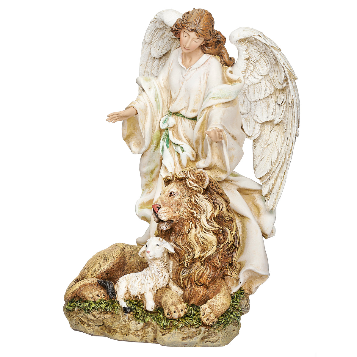 Front view of Joseph's Studio Angel with Lion & Lamb Figure showing the angel standing peacefully behind the lion and lamb