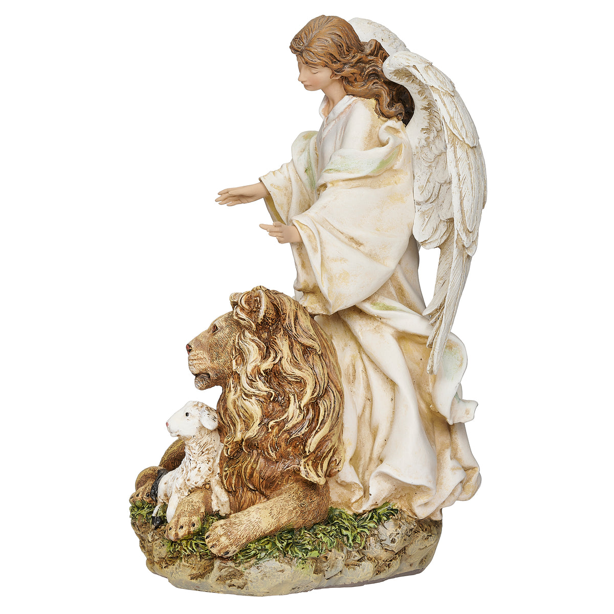 Side view of Joseph's Studio Angel with Lion & Lamb Figure showing the angel's flowing white robes, feathered wings, lion, and lamb
