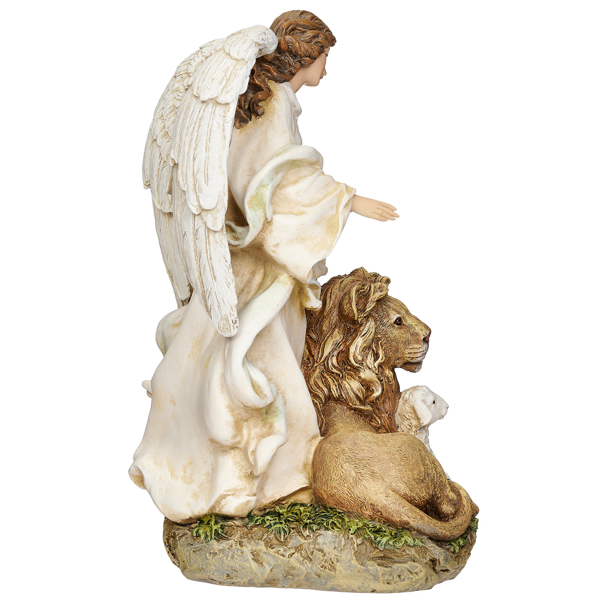 Opposite side view of Joseph's Studio Angel with Lion & Lamb Figure showing the angel beside the lion and lamb on a textured naturalistic base
