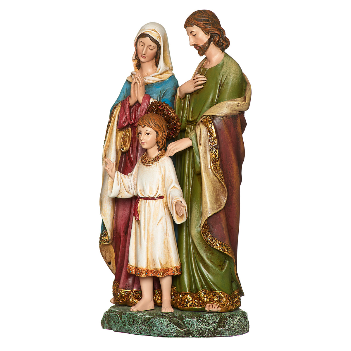 Front angled view of Joseph's Studio Holy Family with Child Figure showing Mary, Joseph, and the young Jesus together on a sculpted base