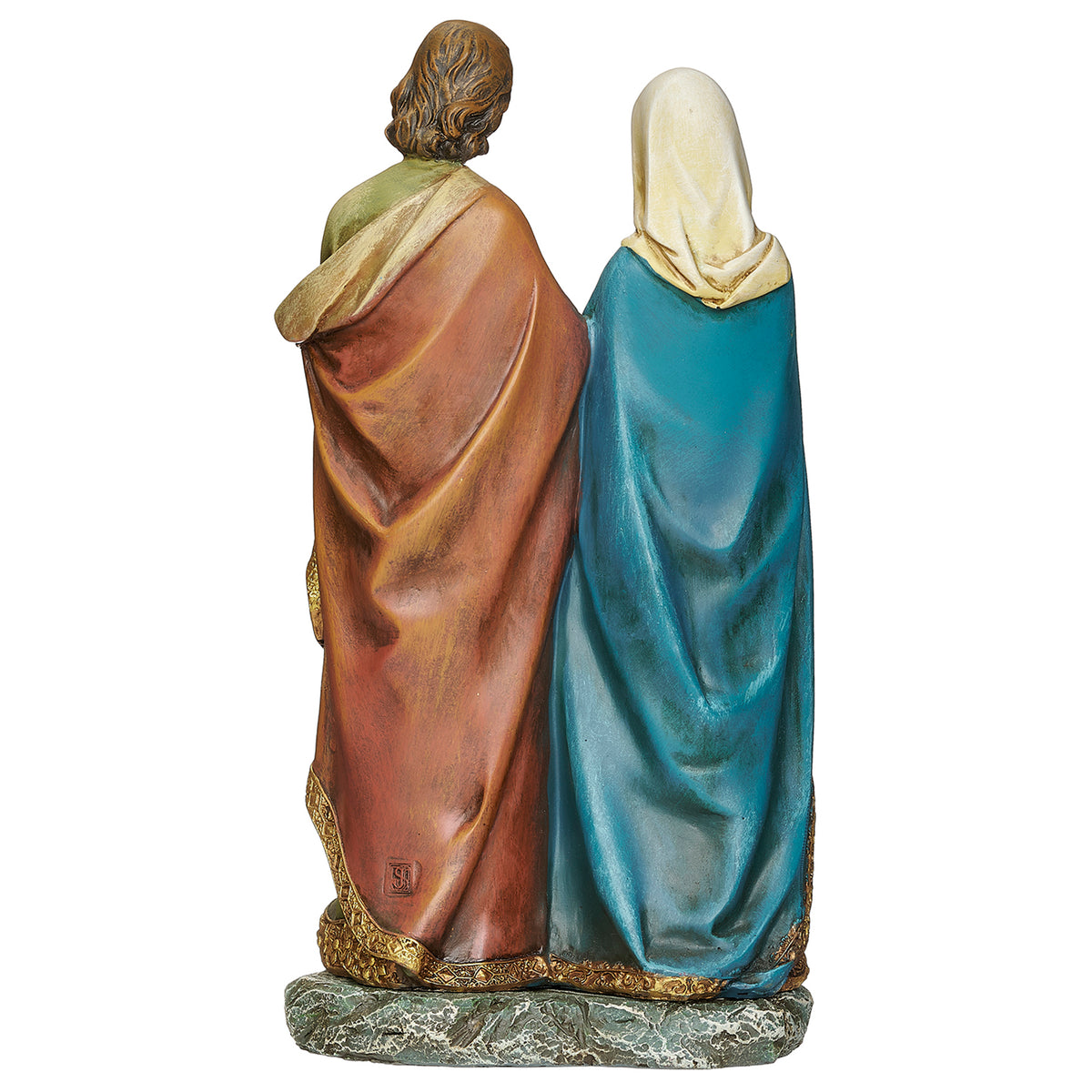 Back view of Joseph's Studio Holy Family with Child Figure showing Mary's blue mantle, Joseph's brown and green robes, and layered garment details