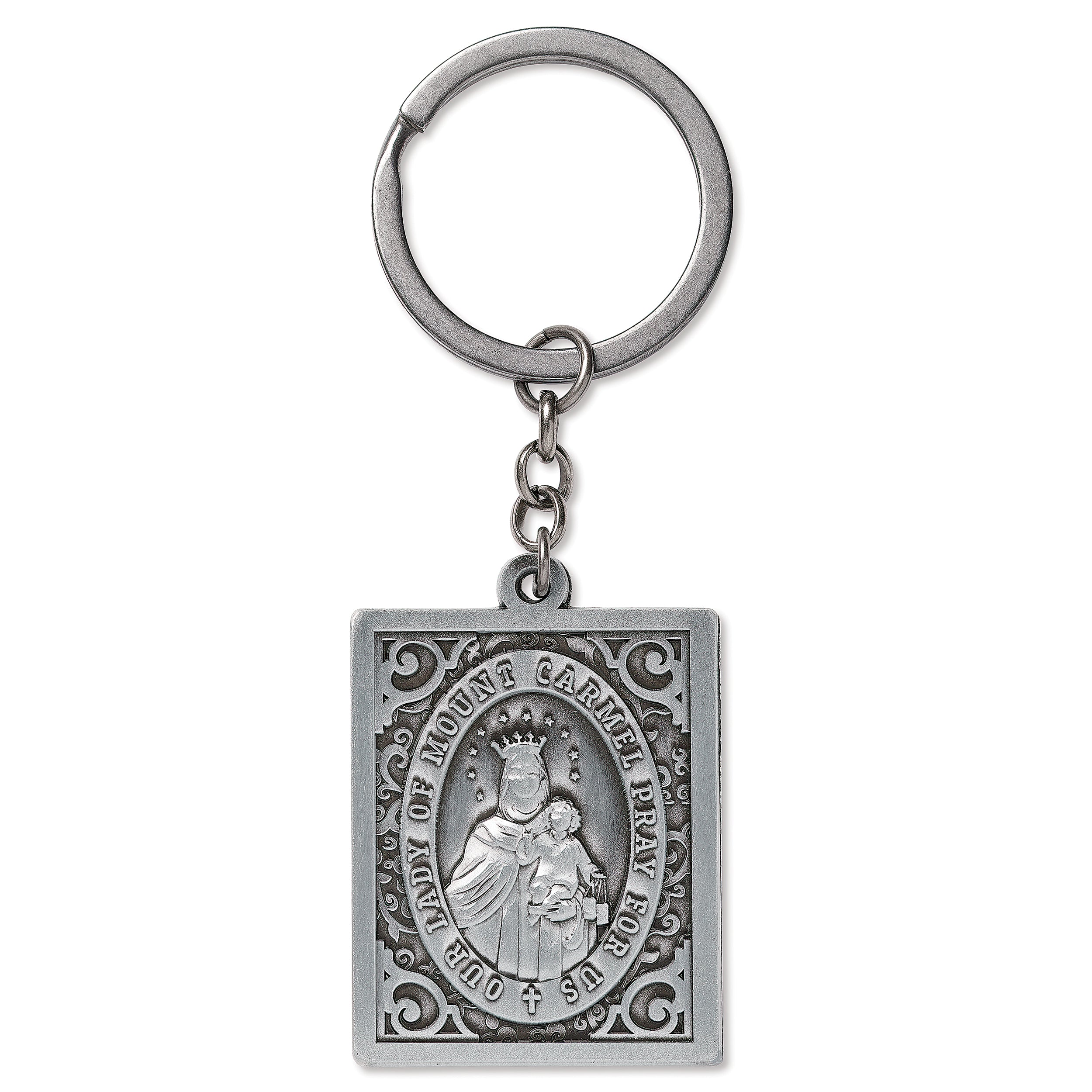 Silver keychain with religious emblem on a white background