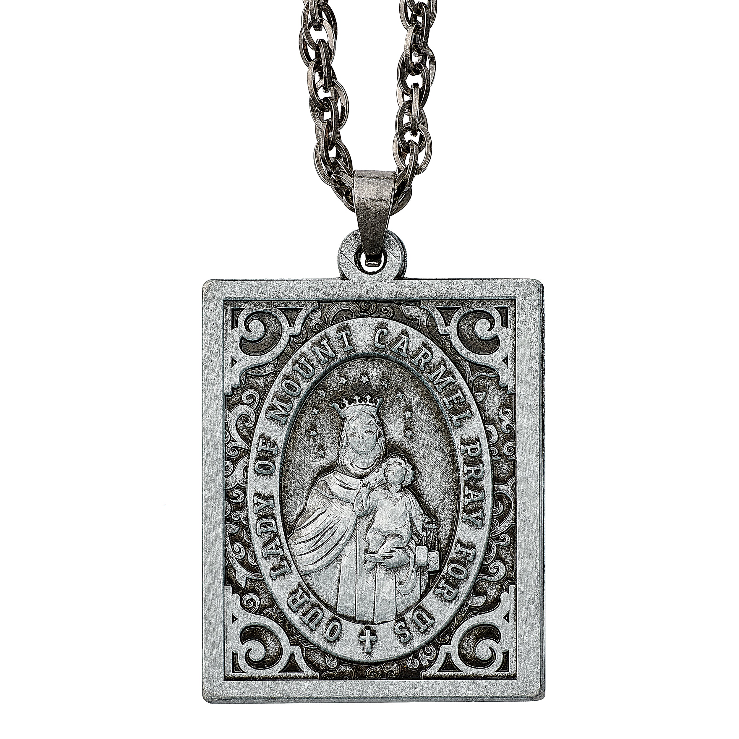 Silver religious chain with a pendant and cross on a white background