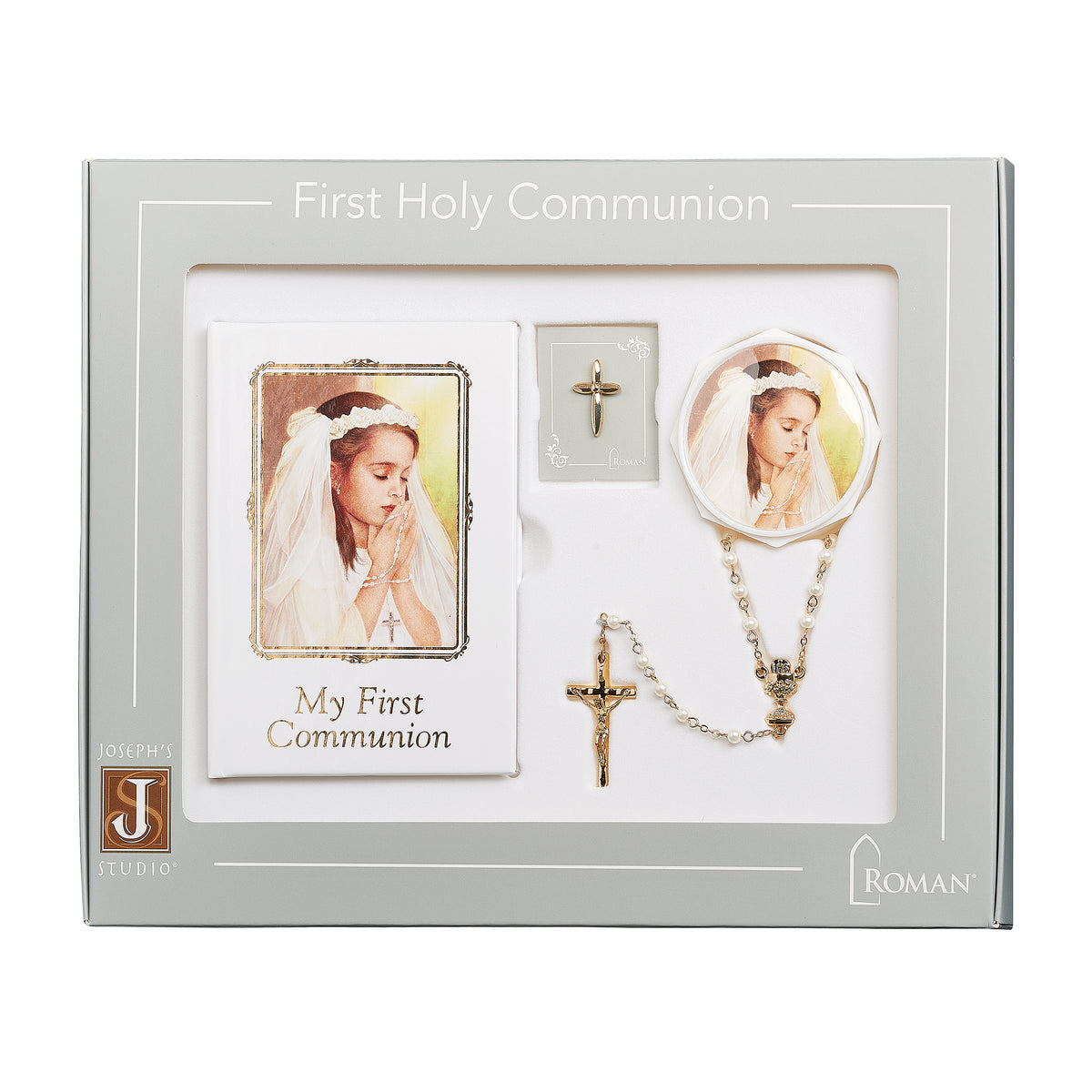 Joseph's Studio Journey of Faith First Communion Girl Gift Set displayed in its presentation box with prayer book, rosary, scapular, keepsake box, and cross pin