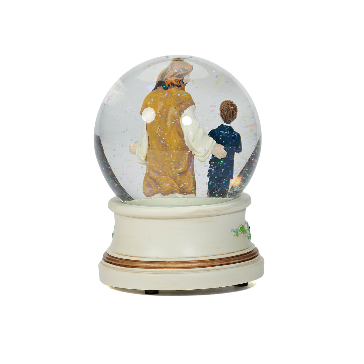 Opposite side view of First Communion musical glitterdome showing Jesus in white and gold robes beside the boy in blue