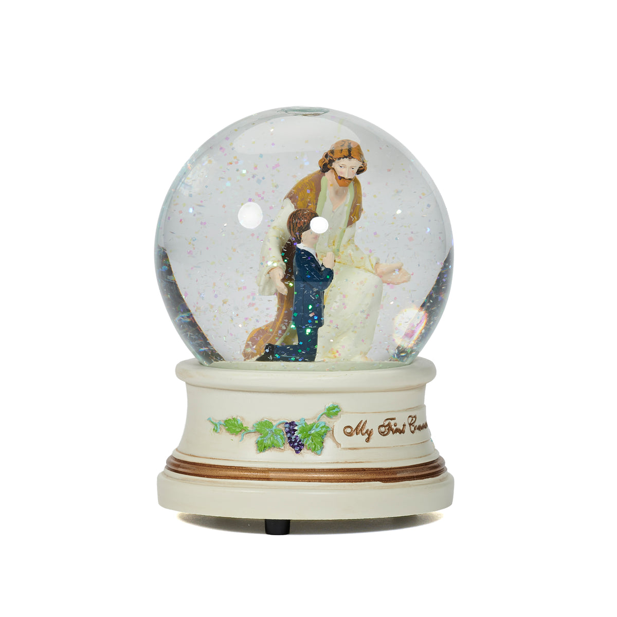 Alternate front view of First Communion musical glitterdome highlighting the boy, Jesus, glass globe, and "My First Communion" base