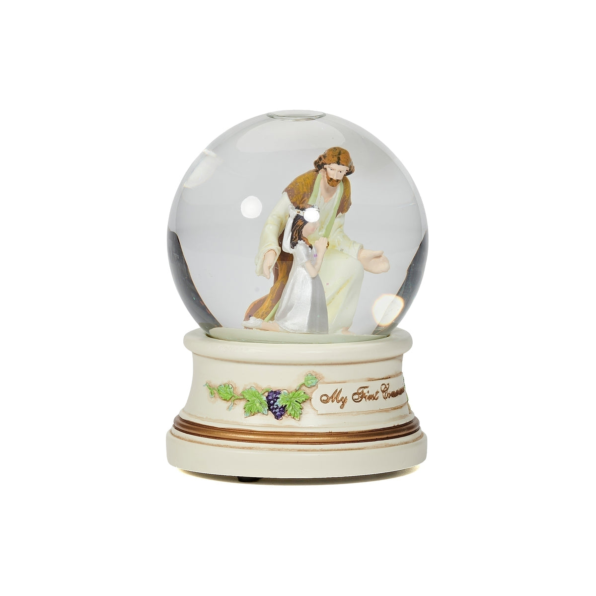 Alternate front view of First Communion musical glitterdome highlighting the girl, Jesus, glass globe, floral accents, and white base