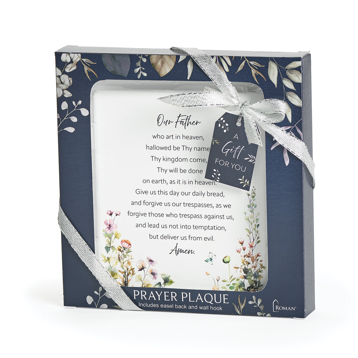 Lord's Prayer Wall Plaque displayed with a dark decorative floral border surrounding the printed prayer
