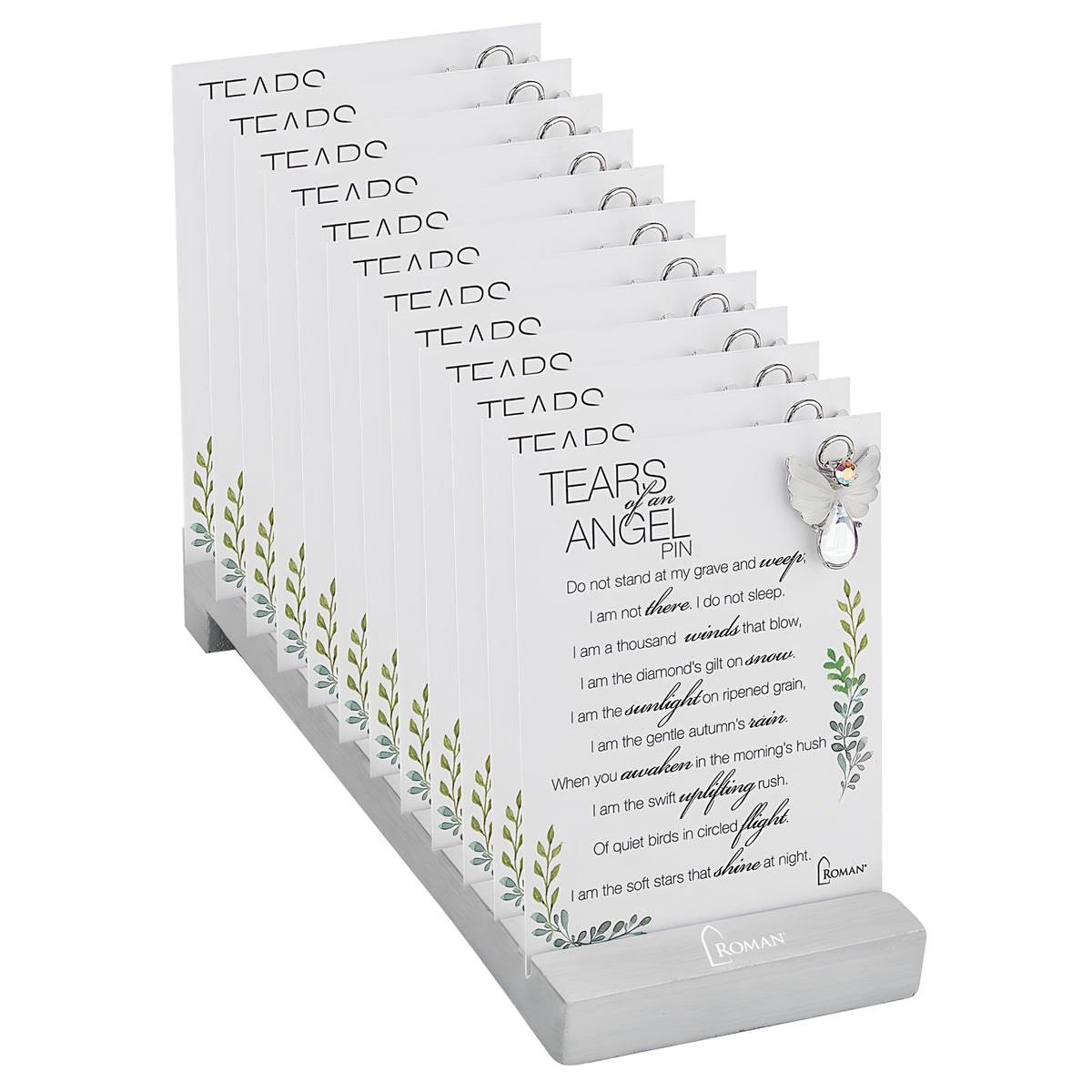 Tears of an Angel memorial pins with sentiment cards in 12-piece display