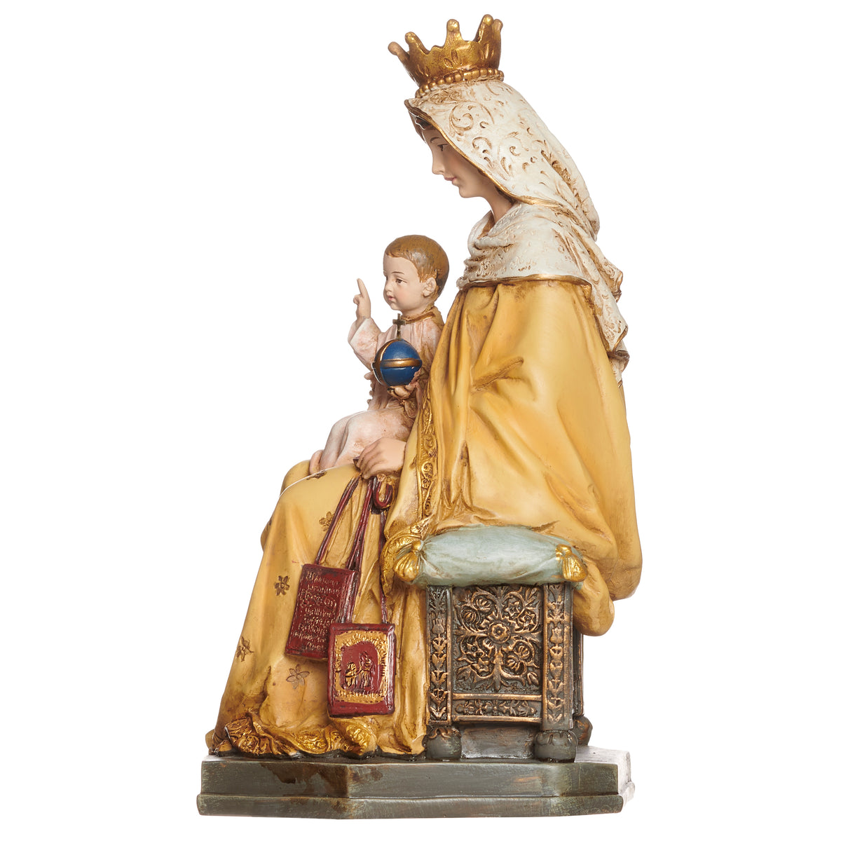 Side view of Joseph's Studio Our Lady of Mt. Carmel Figure showing Mary seated with the Christ Child, flowing gold robes, crowns, and decorative base