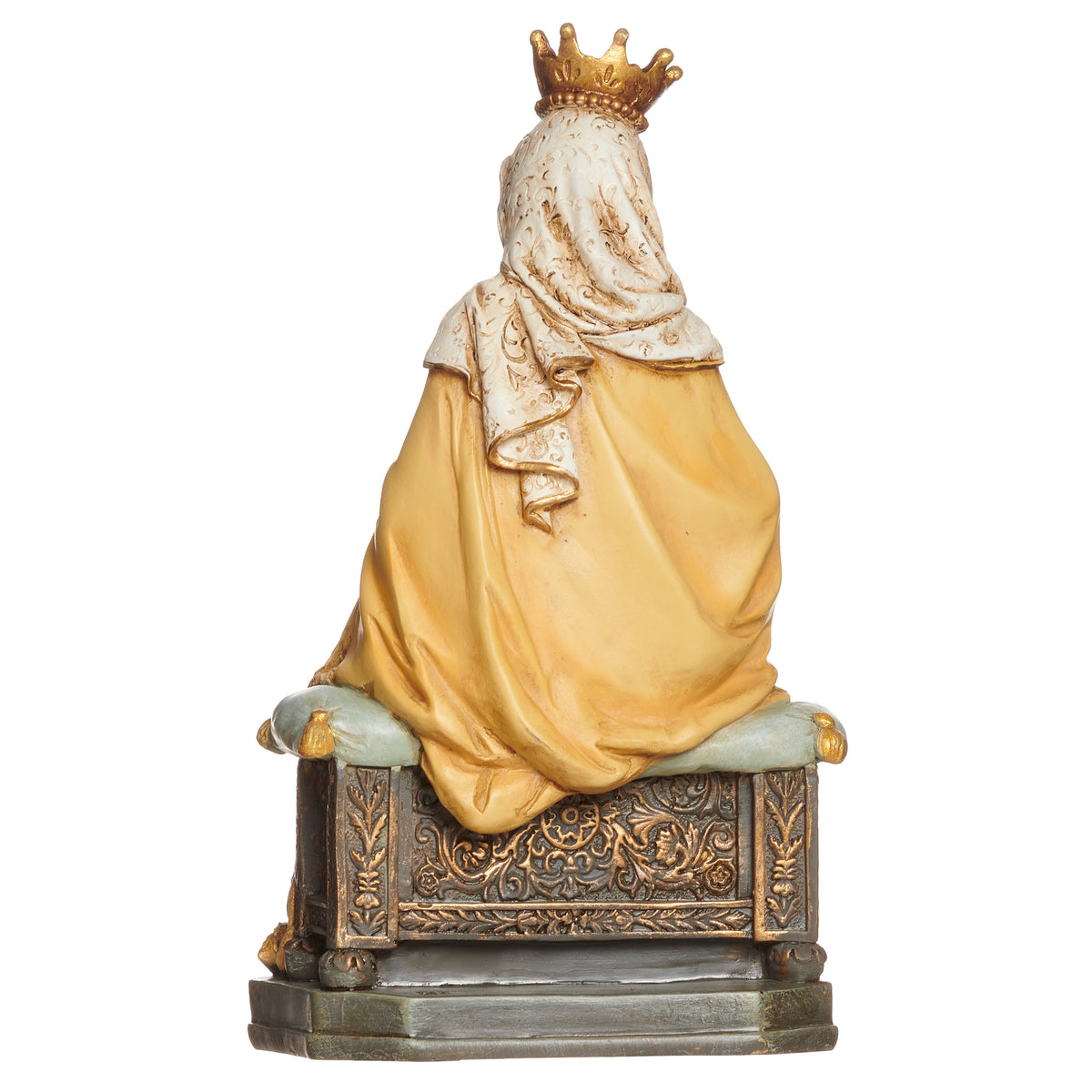 Back view of Joseph's Studio Our Lady of Mt. Carmel Figure showing Mary's flowing gold mantle, crown, and sculpted pedestal