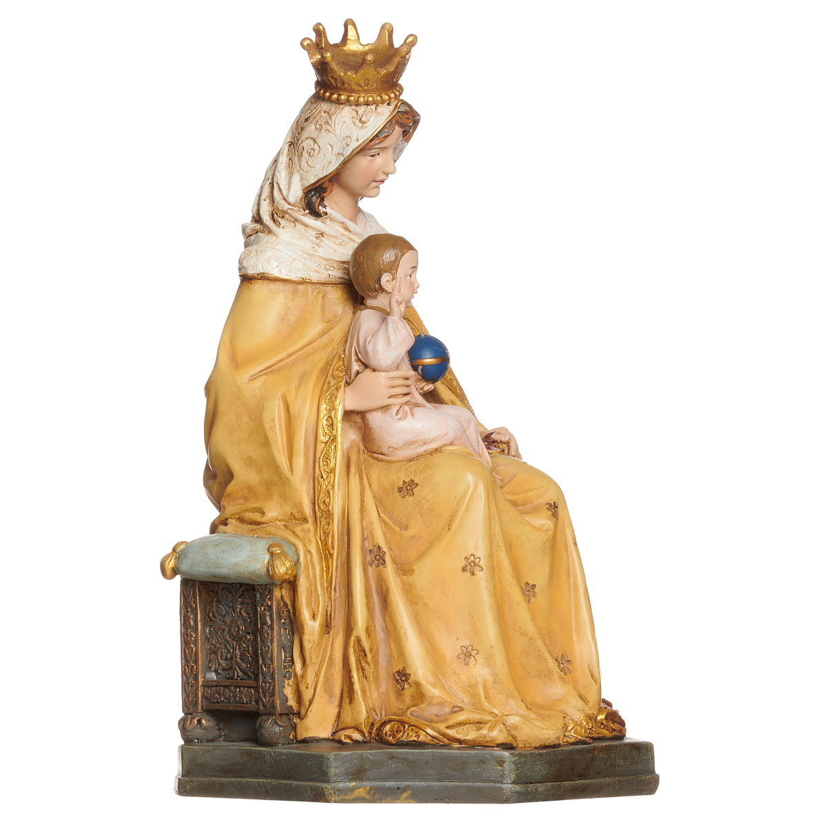 Opposite side view of Joseph's Studio Our Lady of Mt. Carmel Figure showing Mary holding the Christ Child with layered gold and brown robe details