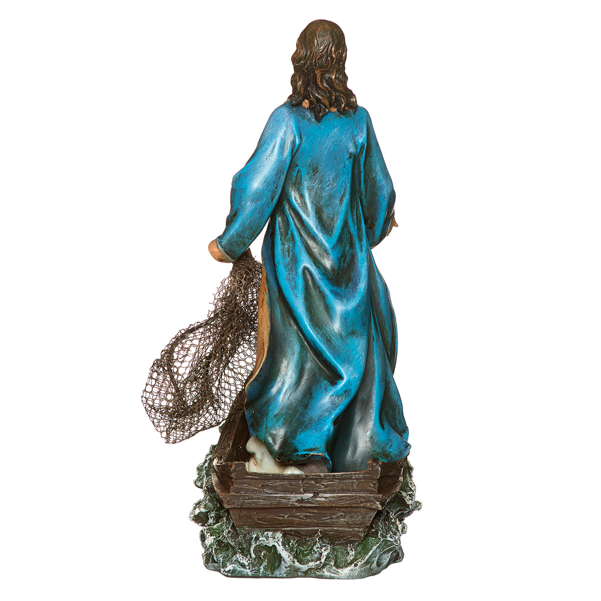 Back view of Joseph's Studio Christ the Fisherman Figure showing the flowing blue robe, fishing net, boat, and textured water base