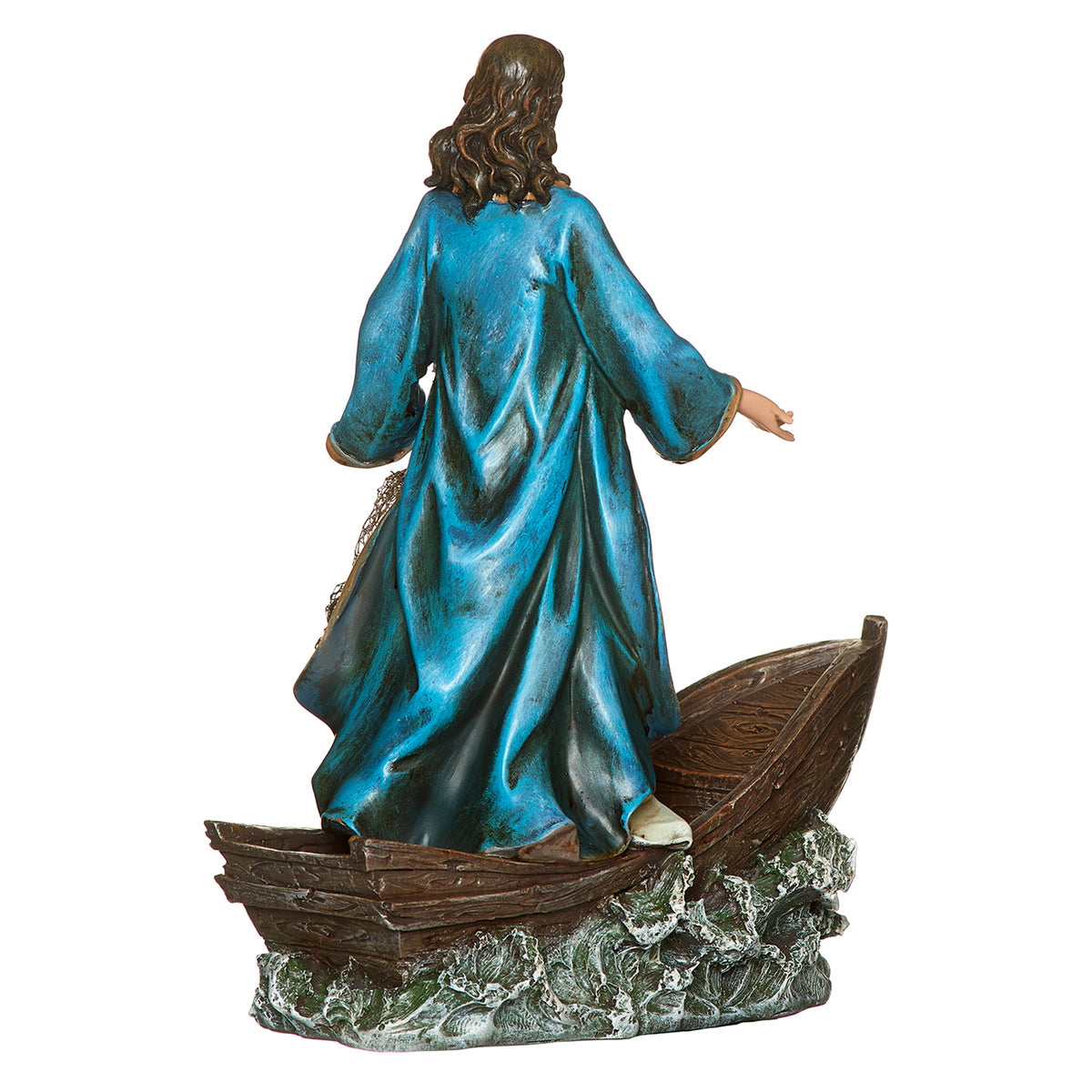Opposite side view of Joseph's Studio Christ the Fisherman Figure showing Jesus in the boat with one arm extended and detailed water accents