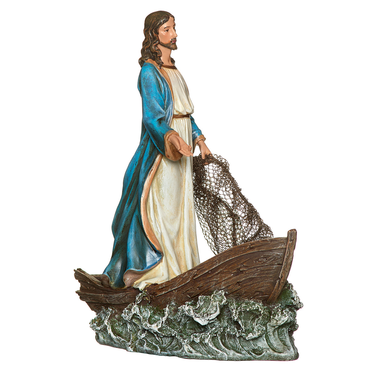 Front angled view of Joseph's Studio Christ the Fisherman Figure highlighting Jesus, the cast net, wooden boat, and sculpted water base