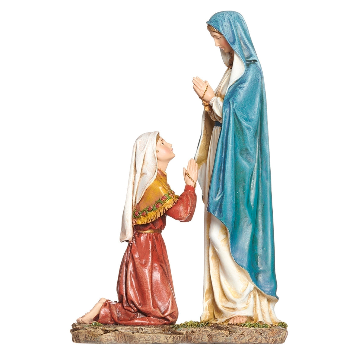 Front angled view of Our Lady of Lourdes Renaissance Collection Figure showing Mary in a blue mantle and St. Bernadette kneeling at her feet