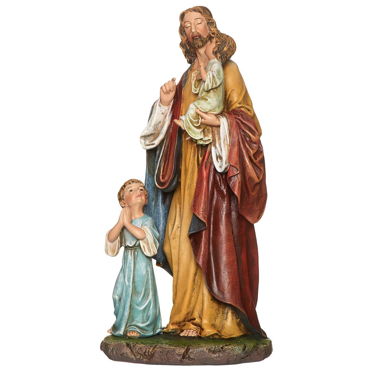 Front angled view of Joseph's Studio Jesus with Children Figure showing Jesus with one child in His arms and another praying at His side