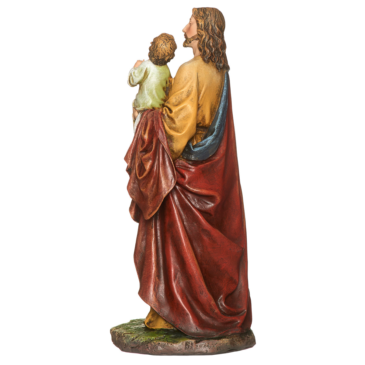 Rear angled view of Joseph's Studio Jesus with Children Figure showing the flowing red cloak and child held close