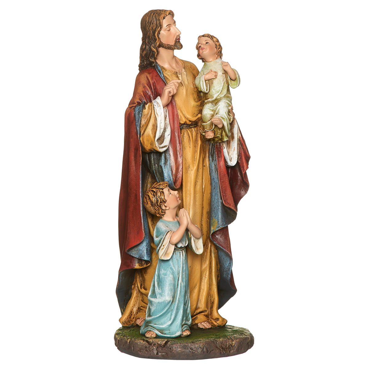 Opposite front angled view of Joseph's Studio Jesus with Children Figure highlighting Jesus surrounded by two children in richly colored robes