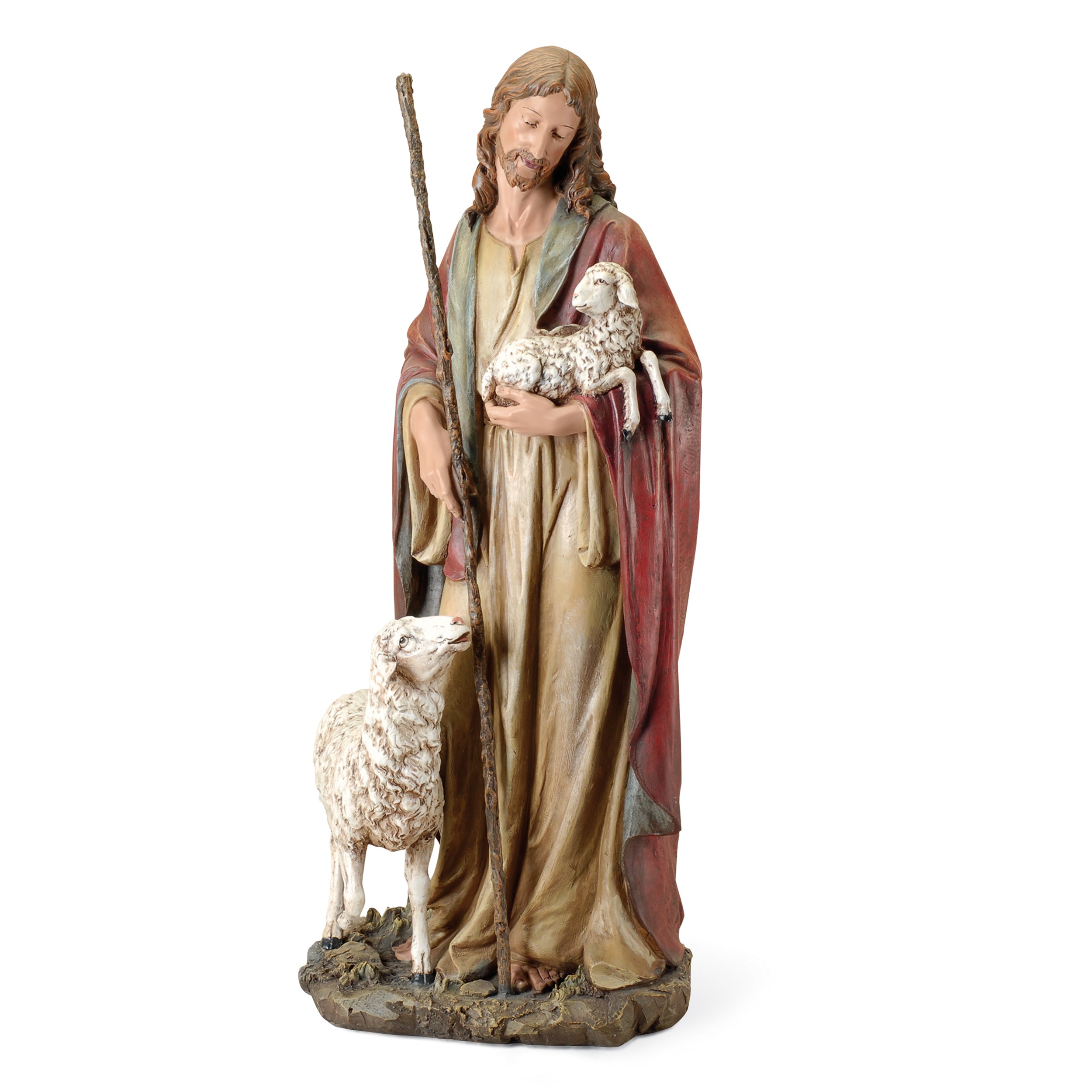 Statue of a religious figure holding a lamb on a white background