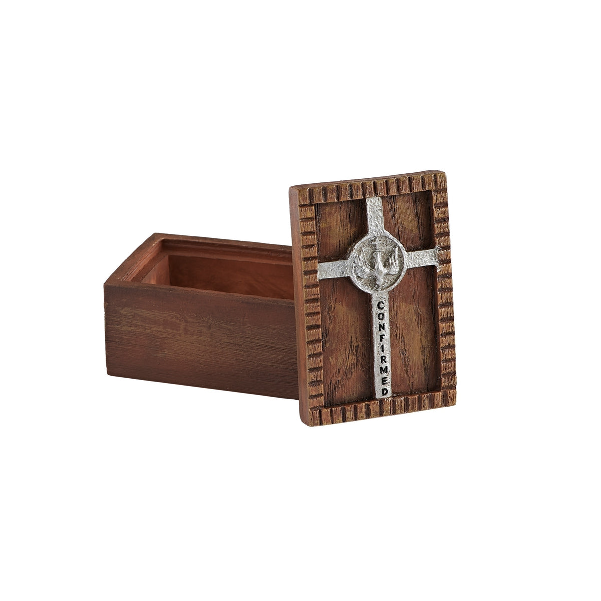 Confirmation keepsake box shown open with removable cross and dove lid