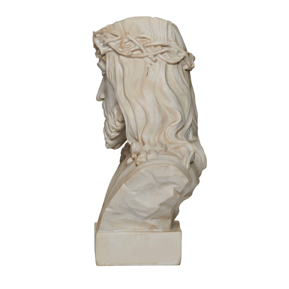 Side view of Ivory Jesus Bust showing the crown of thorns, sculpted hair, and profile details