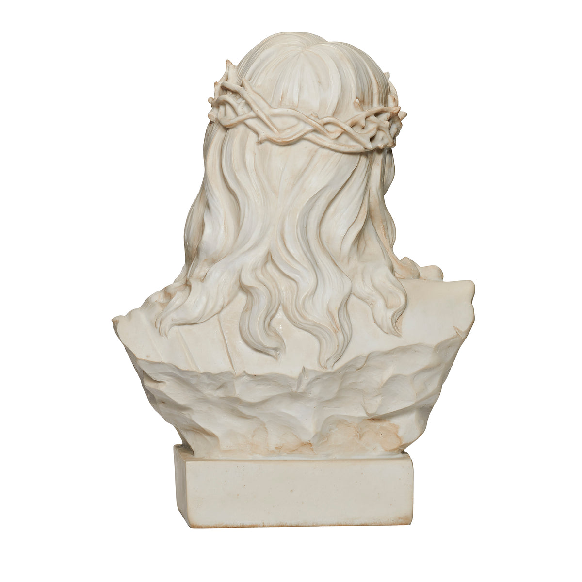 Back view of Ivory Jesus Bust showing the long sculpted hair and ivory resin finish
