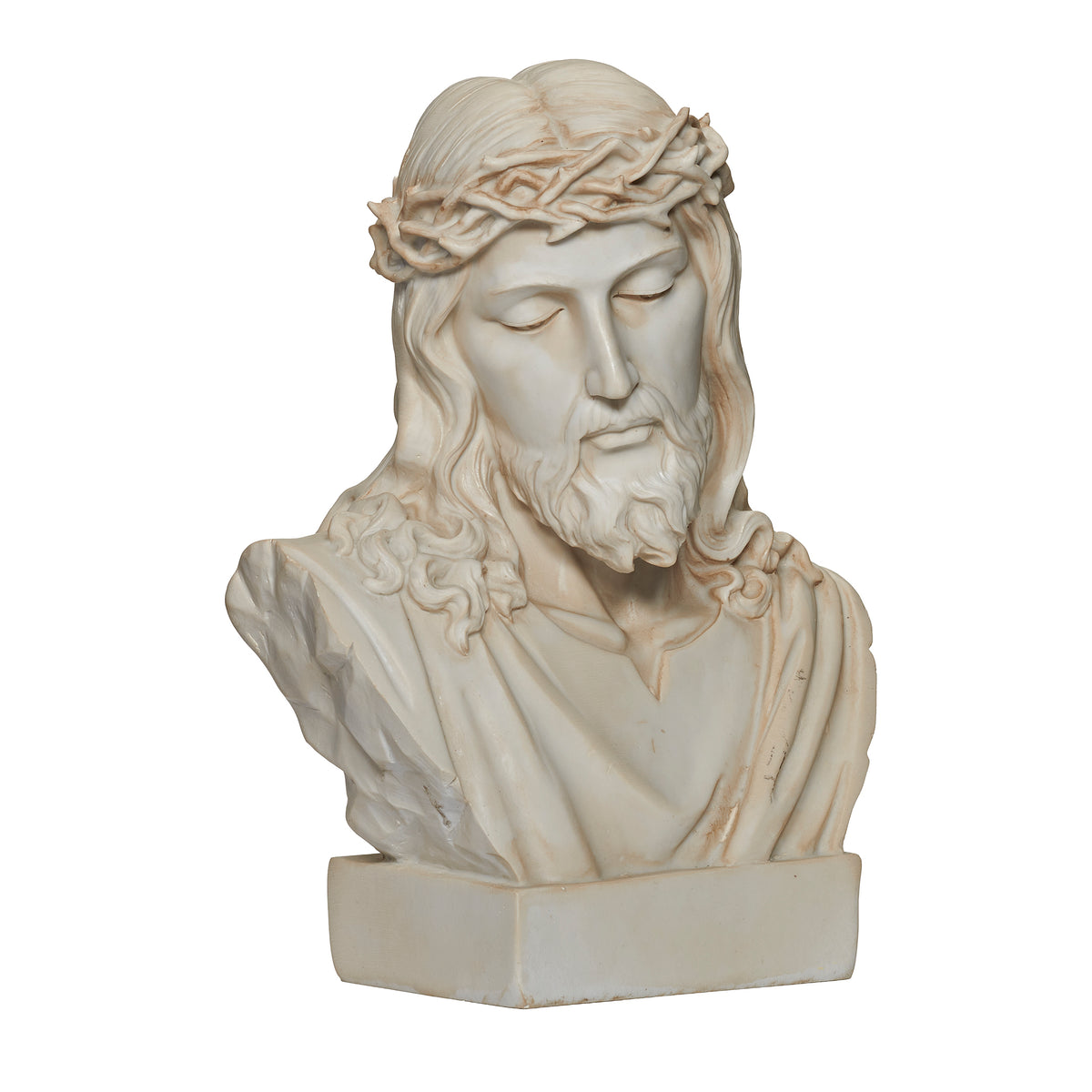 Front angled view of Ivory Jesus Bust highlighting the crown of thorns, facial features, beard, and sculpted robe