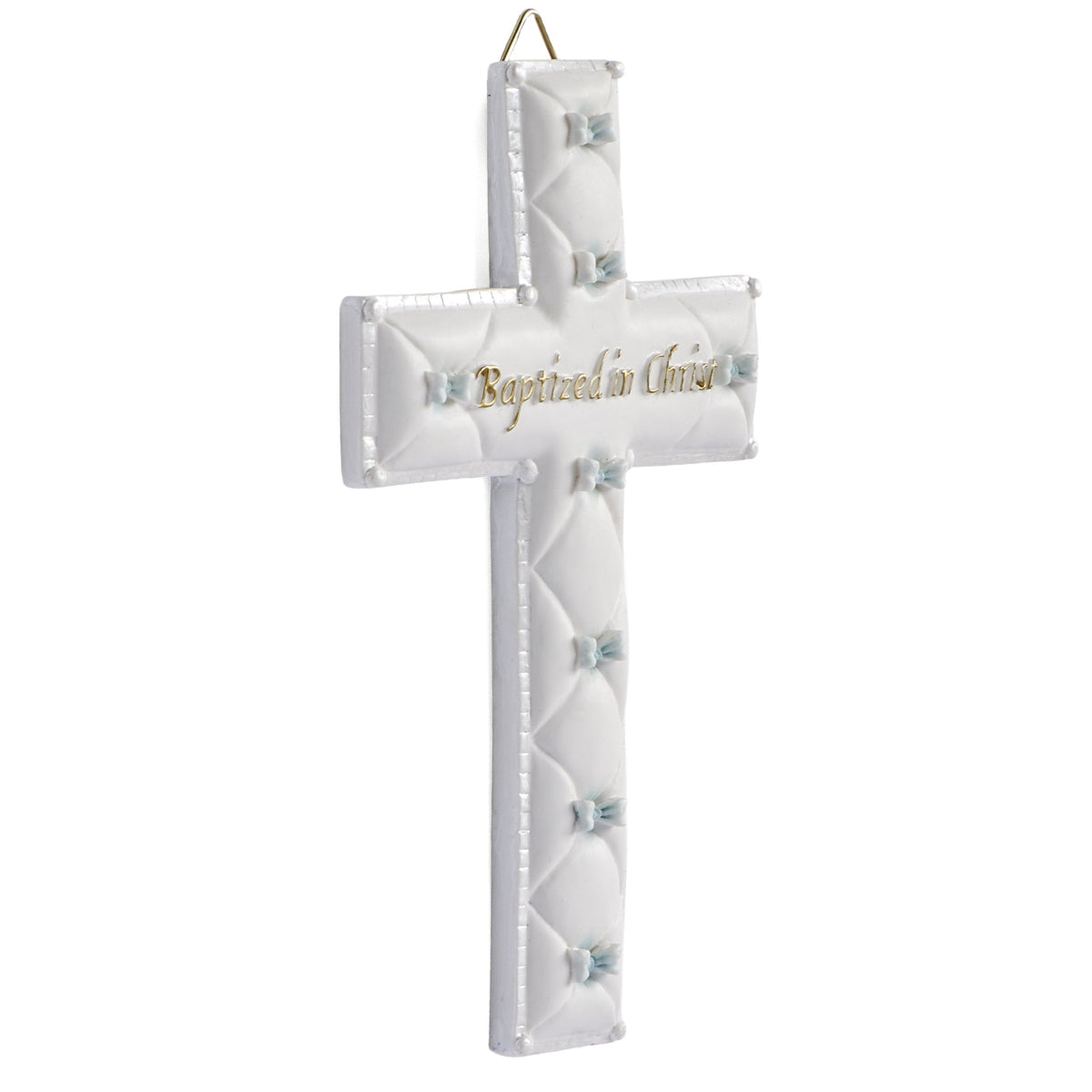 Front view of blue Baptized in Christ Quilted Wall Cross showing the quilted pattern, pale blue bows, and gold baptism inscription