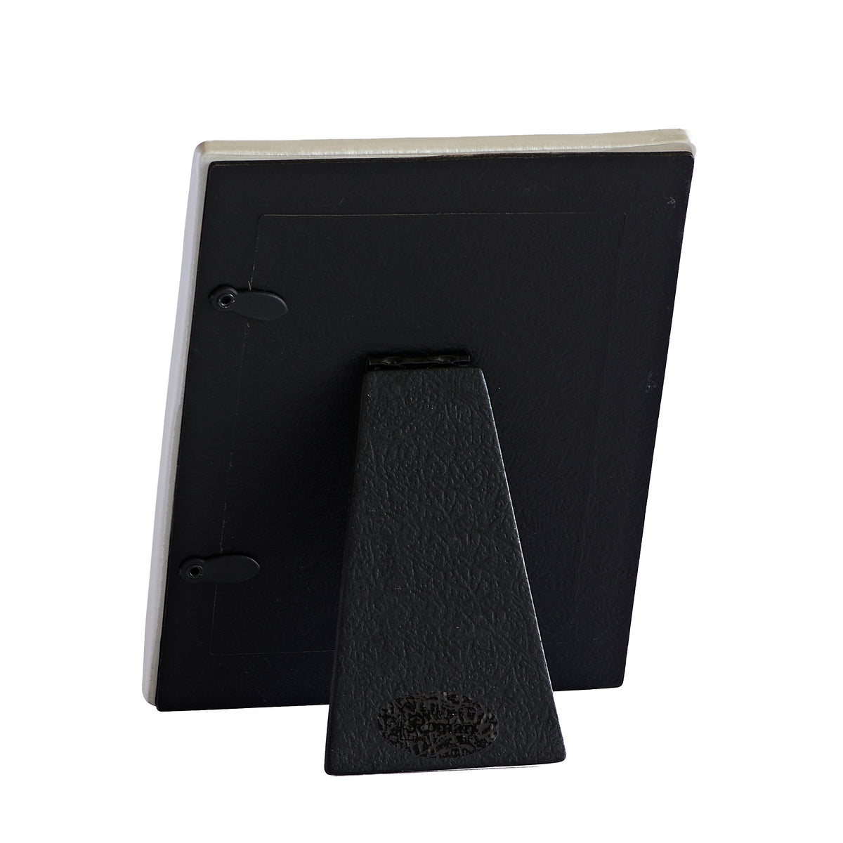 Back view of blue Baptized in Christ Quilted Picture Frame showing the black backing and fold-out easel stand