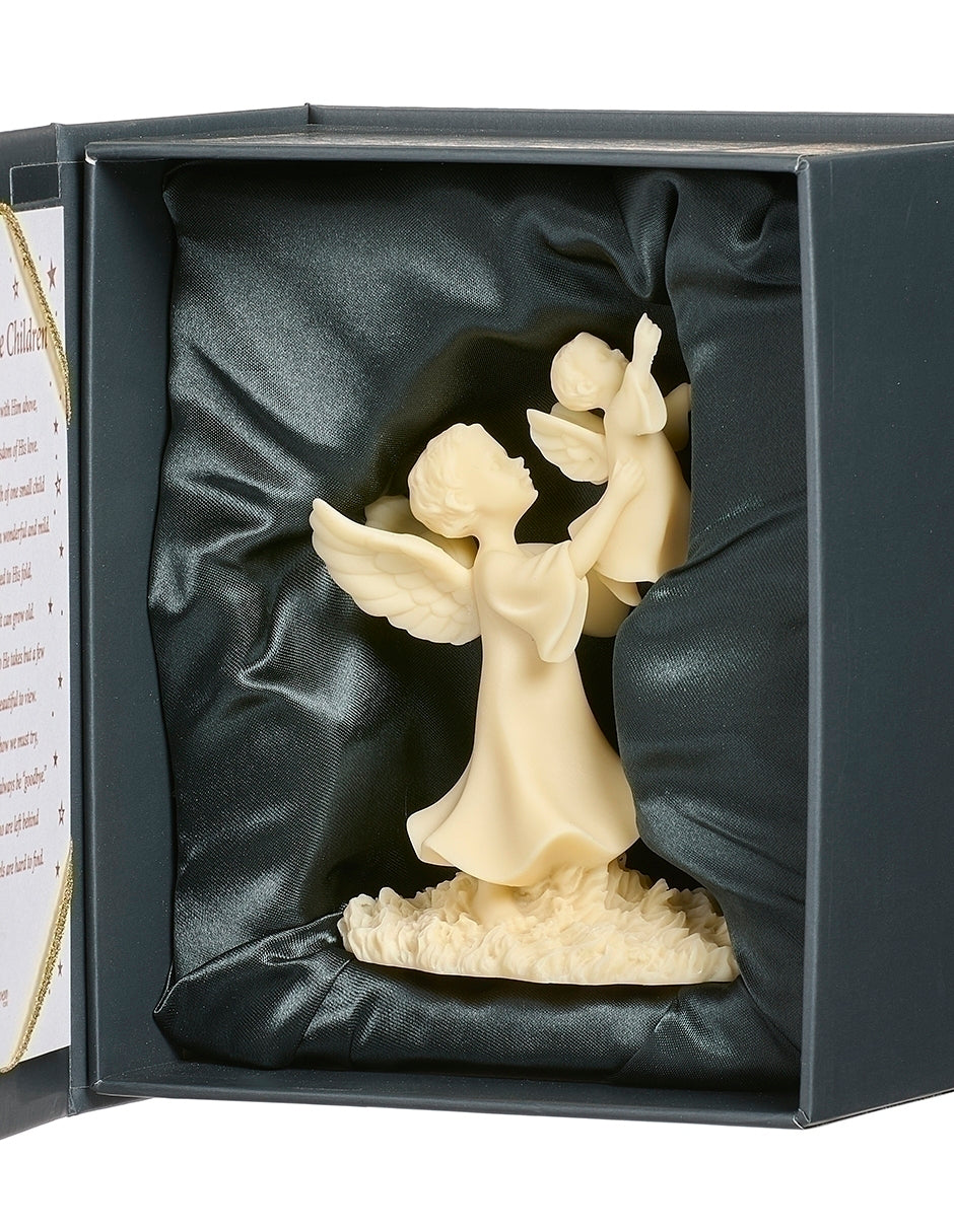 Comfort of Heaven Memorial Angel Figure displayed inside its black presentation gift box
