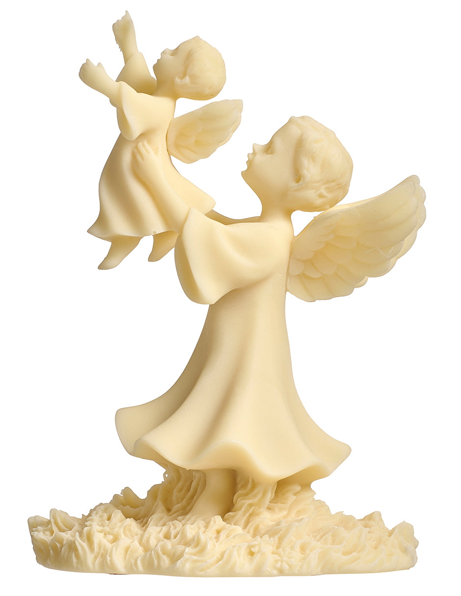 Opposite side view of Comfort of Heaven Memorial Angel Figure showing the angel lifting a child above the floral base