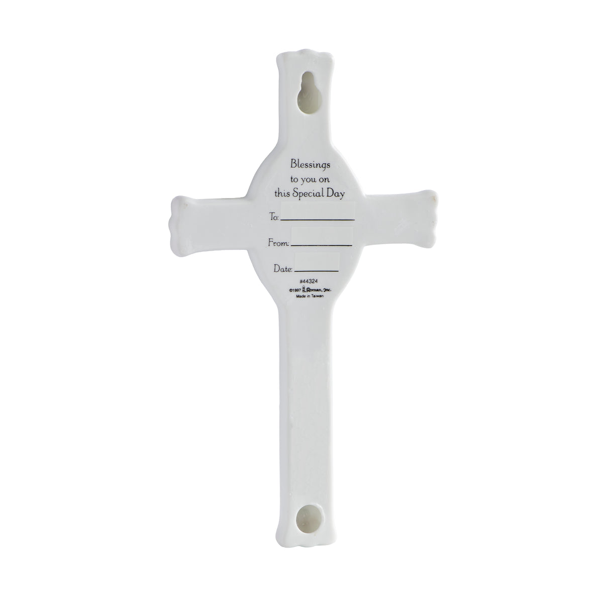 Back view of May God's Love Surround You Wall Cross showing the plain white porcelain finish and hanging hardware
