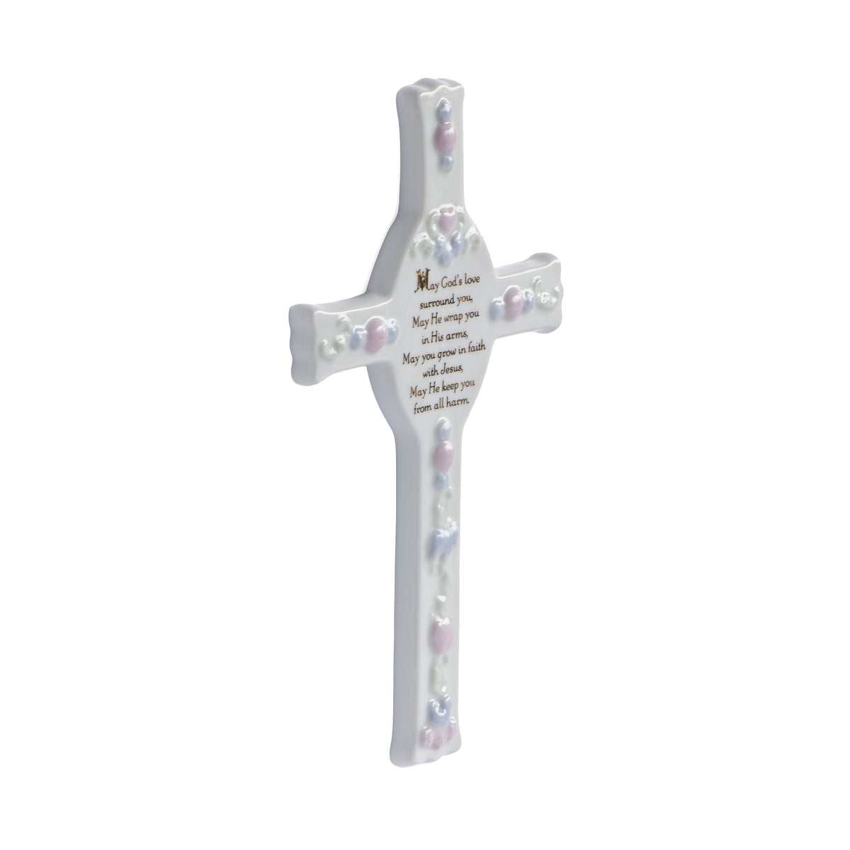 Opposite angled view of May God's Love Surround You Wall Cross highlighting the prayer inscription and delicate blue floral accents