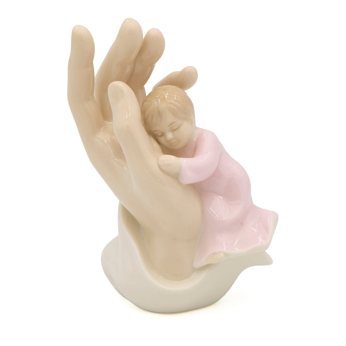 Front angled view of pink Safe in His Hands Figure showing the child nestled within the curved protective hand