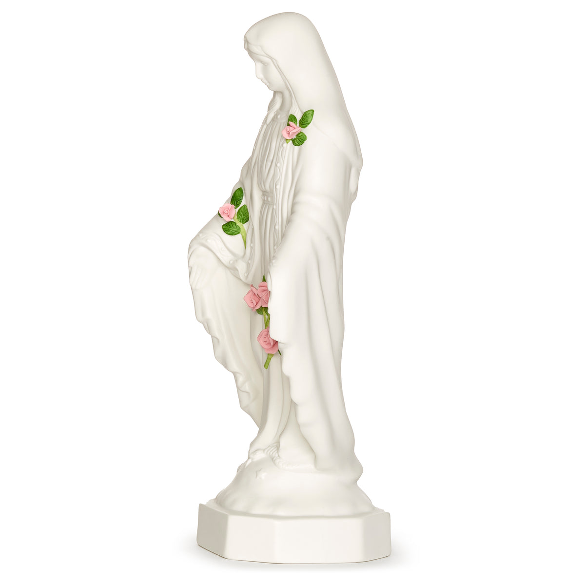 Front angled view of Lighted Our Lady of Grace figure showing the floral accents, flowing robes, and white porcelain finish