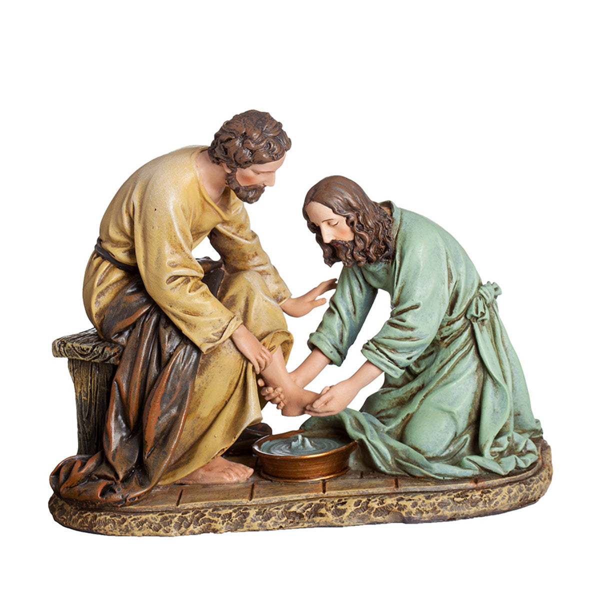 Joseph’s Studio Jesus Washing of the Feet Figure featuring Jesus kneeling beside a disciple and washing his feet over a basin