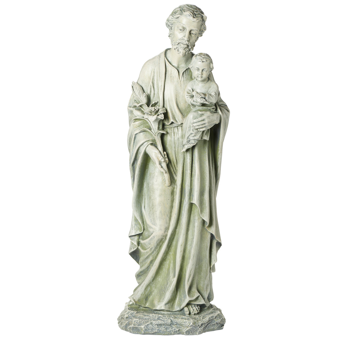 Front angled view of Joseph's Studio St. Joseph Garden Statue showing St. Joseph beside the Child Jesus with detailed robes and sculpted base