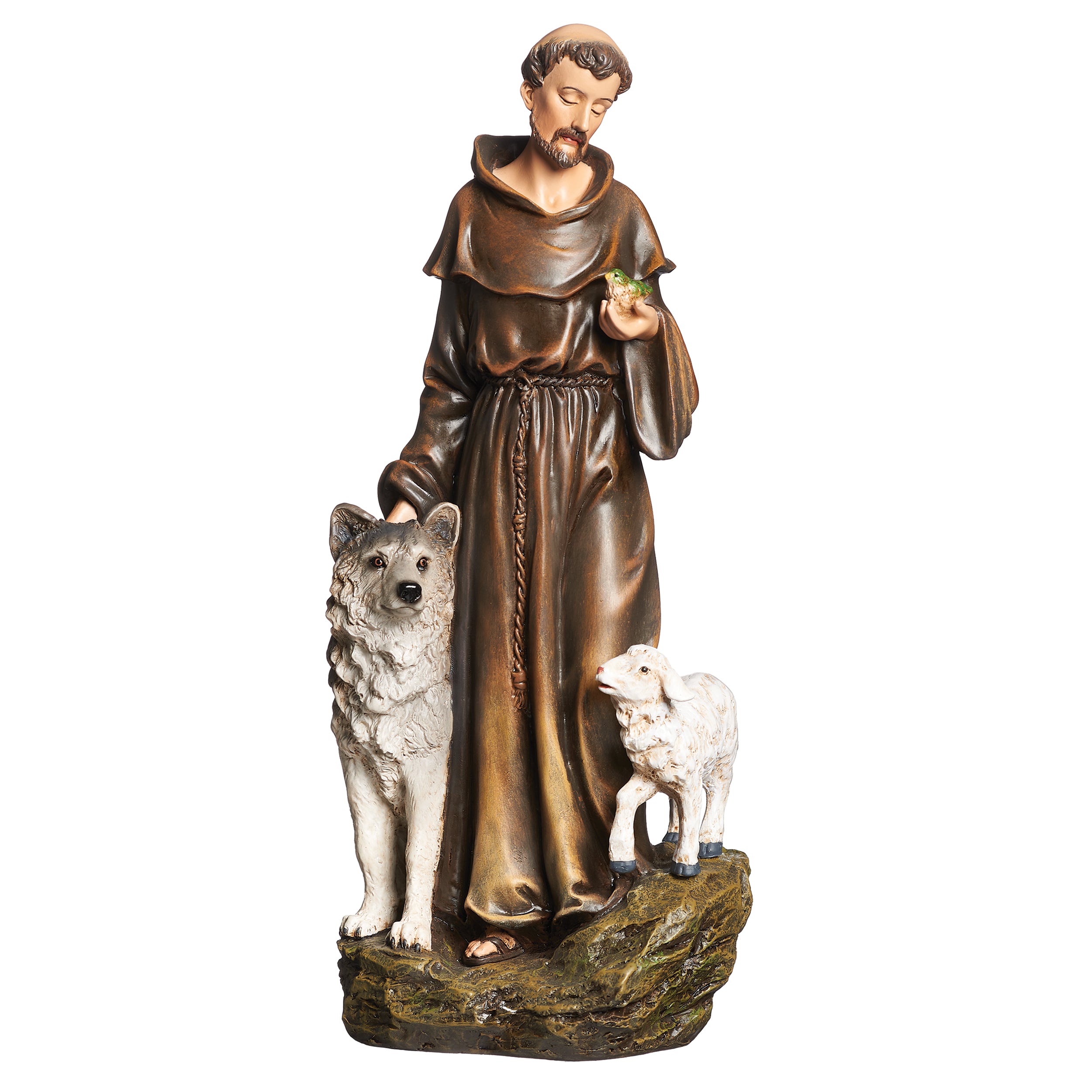 Statue of a religious figure with a wolf and a lamb on a white background