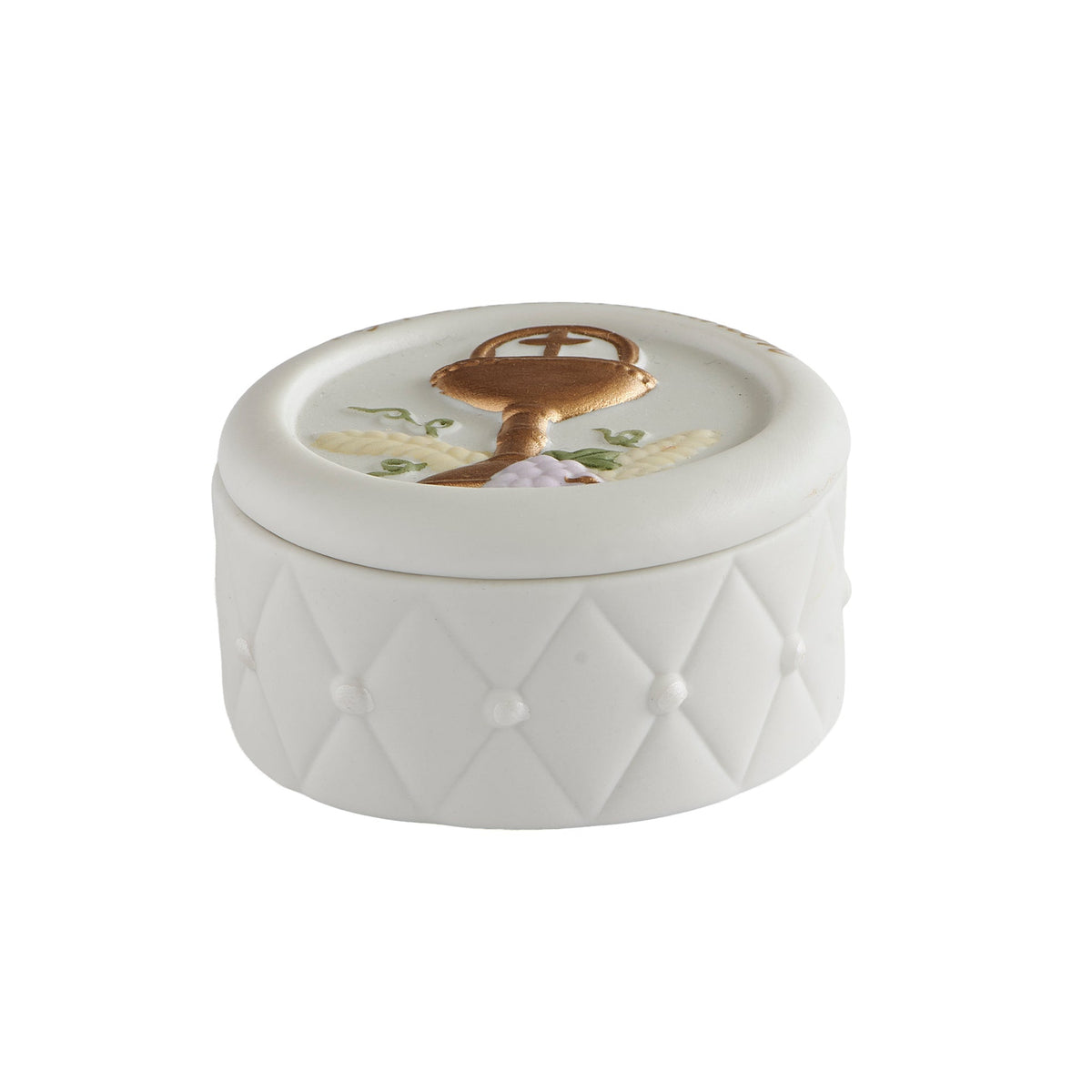 Closed First Communion Quilted Keepsake Box featuring a white quilted porcelain design and gold chalice emblem on the lid