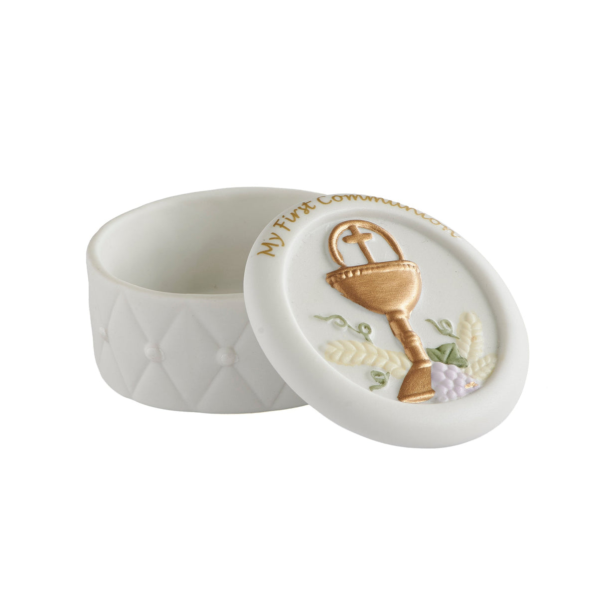 Open angled view of First Communion Quilted Keepsake Box showing the quilted porcelain base and decorated chalice lid resting beside it