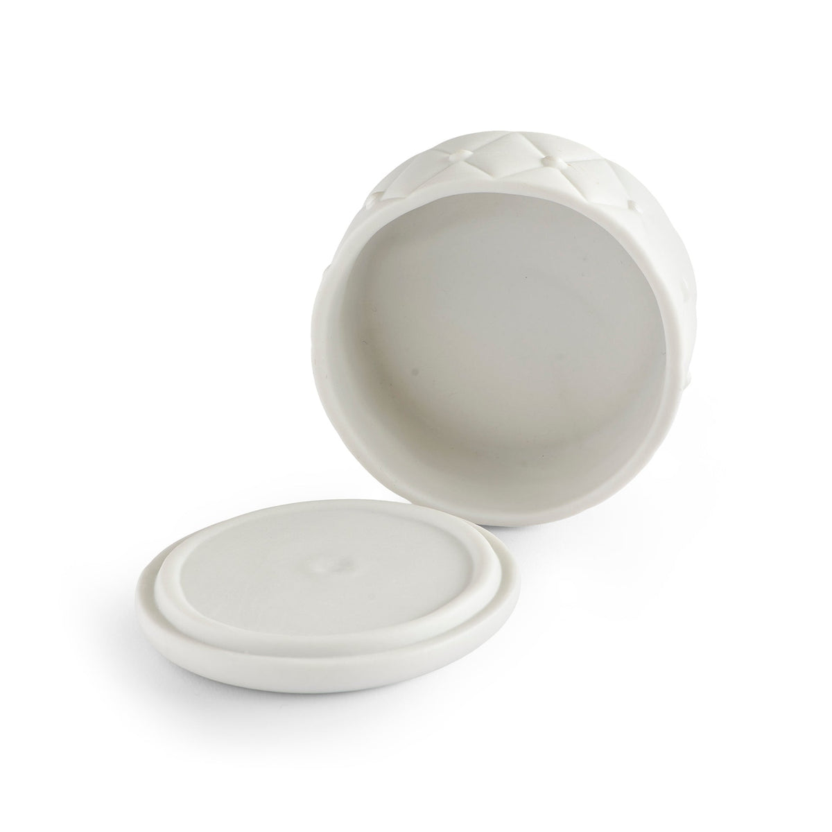 Interior view of First Communion Quilted Keepsake Box showing the smooth white porcelain inside with the removable chalice lid placed nearby