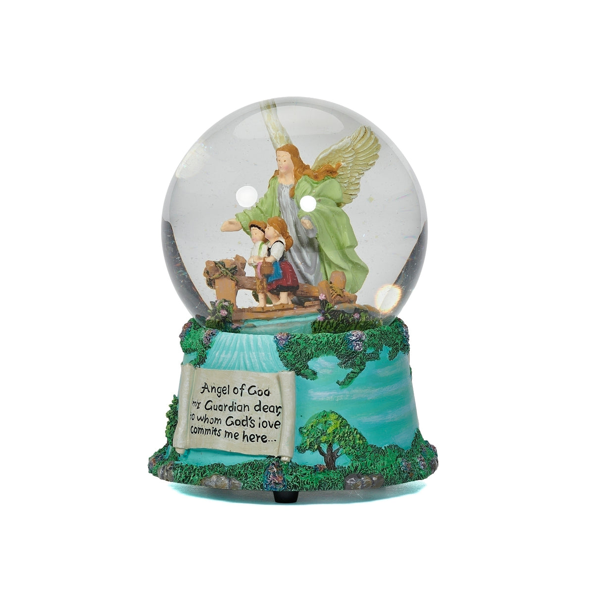 Front angled view of Guardian Angel Musical glitterdome showing the angel, children, and detailed green base