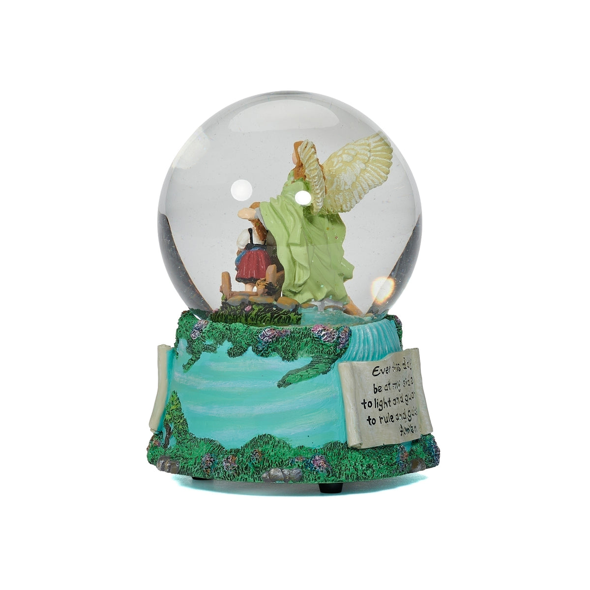 Side view of Guardian Angel Musical glitterdome showing the angel inside the glass globe and sculpted base