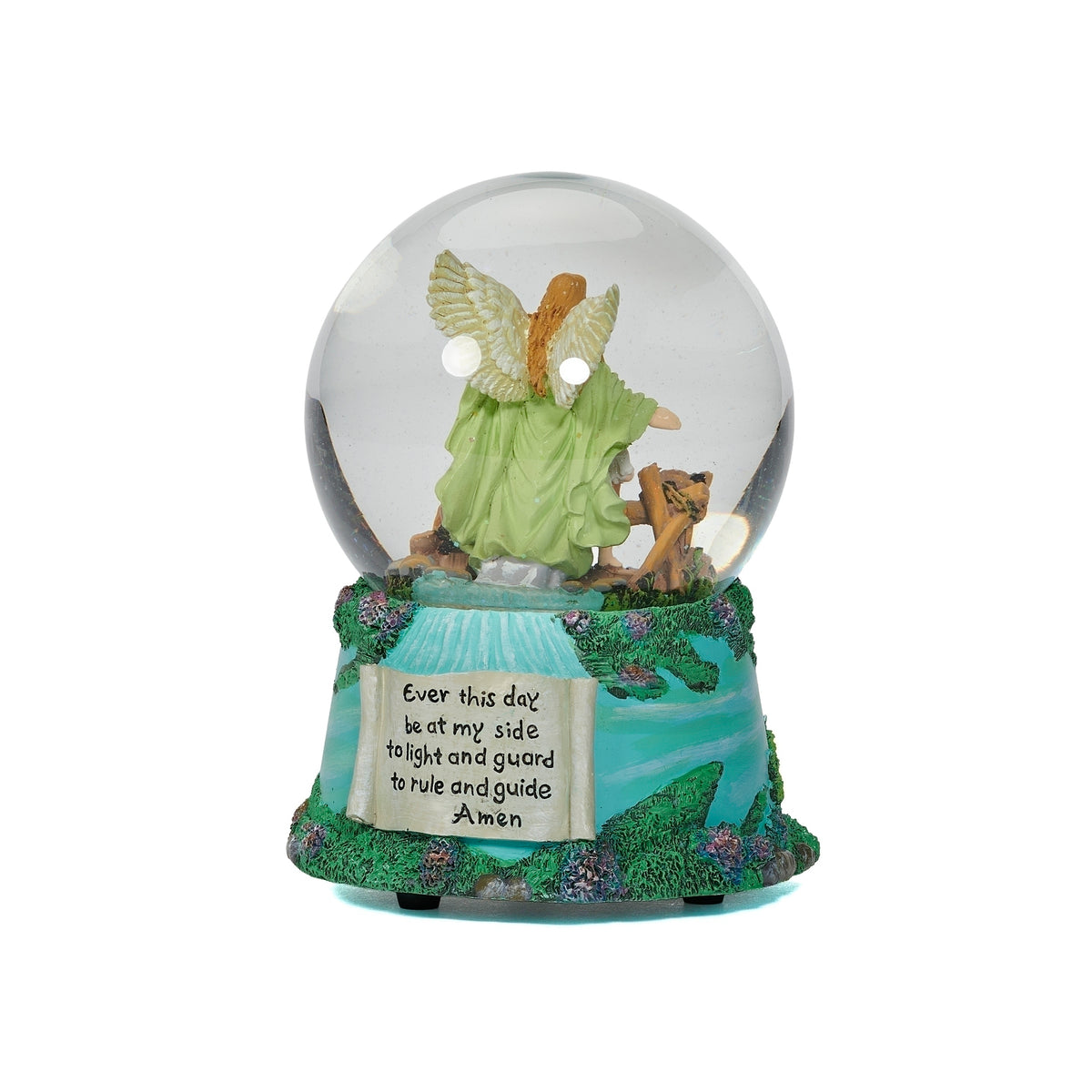 Back view of Guardian Angel Musical glitterdome showing the guardian angel and detailed green resin base