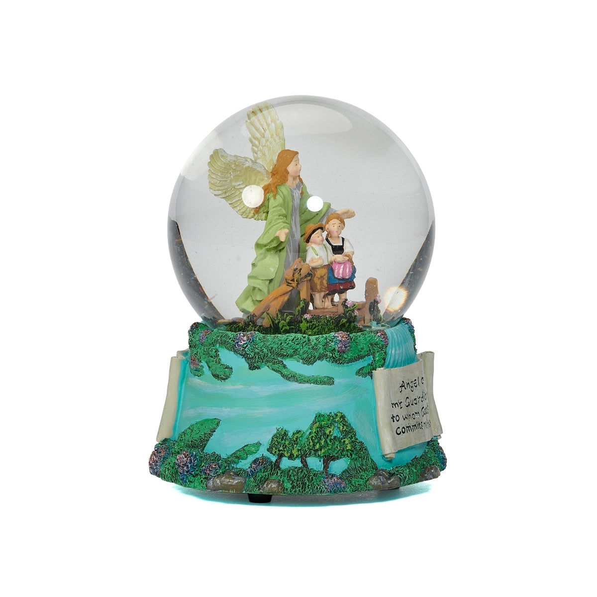 Opposite side view of Guardian Angel Musical glitterdome showing the angel, children, and decorative base