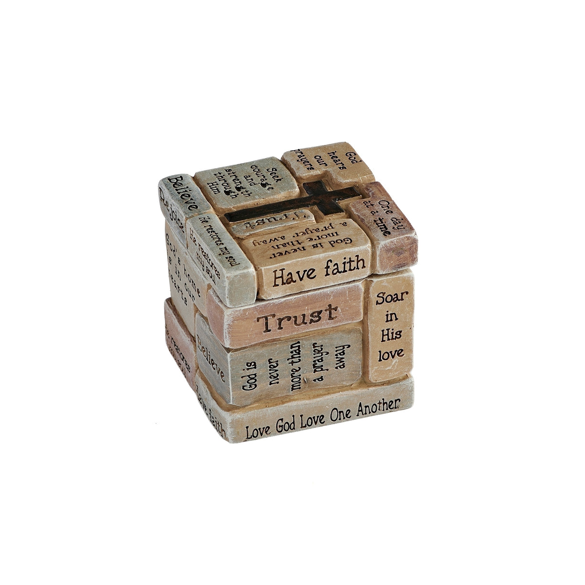 Alternate view of closed crossword trinket box showing inspirational phrases across two sides.