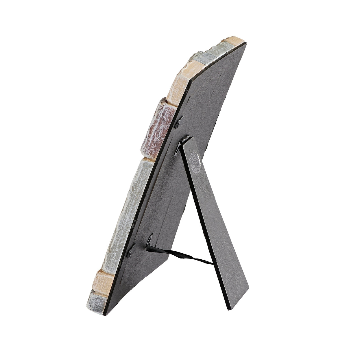 Angled rear view of crossword picture frame showing its layered border and extended black easel stand.